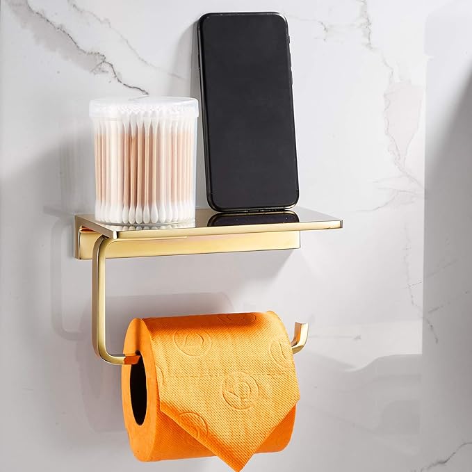 Toilet Roll Paper Holder Bathroom Solid Brass and Superior Hotel Style Wall Mount Tissue Roll Holder with Phone Shelf Bright Gold Finished