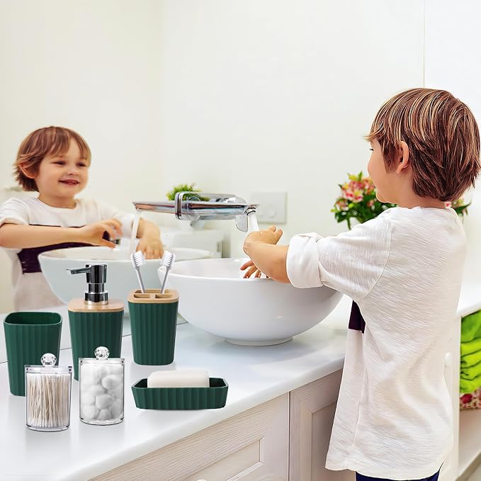 XLHOMO Dark Green Bathroom Accessories Set with Ombre Shower Curtain and Bathroom Rugs,Bathroom Sets with Trash Can,Toothbrush Holder and Cup,Soap Dispenser,Tray,Soap Dish,Toilet Brush,Qtip Holders