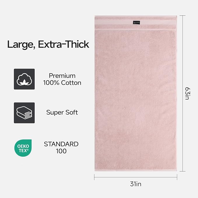 REDKISS 2 Pack Large Bath Towels Set, 100% Cotton, 31x63 in, Heavyweight 760G, Highly Absorbent & Quick Dry, Super Soft Luxury Towels for Bathroom,Hotel Collection - Pink