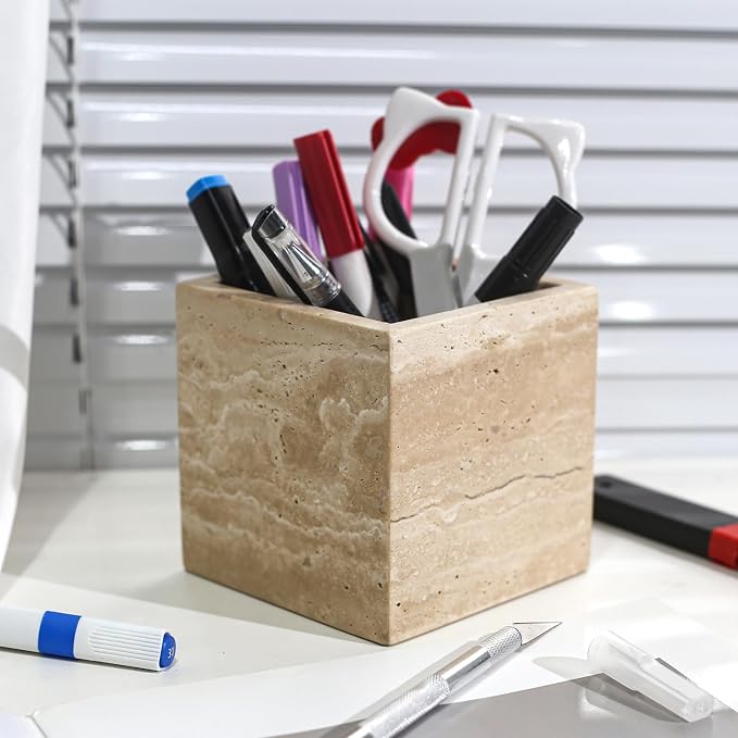 Natural Stone Makeup Brush Holder for Vanity, Marble Toothbrush Holder for Bathroom, Luxurious Countertop Organizer, Travertine Bathroom Accessories Beige Square