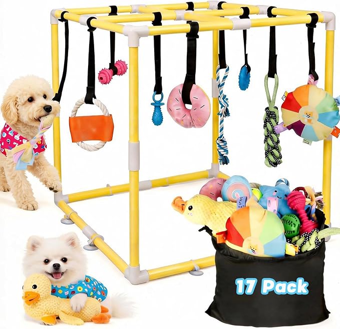 Puppy Play Gym with 17 Hanging Toys, 22" Indoor Dog Jungle Gym | Interactive Enrichment Activity Center for Active Small Dogs, Puppies & Cats, Teething & Squeaky Toys, Stable PVC Frame