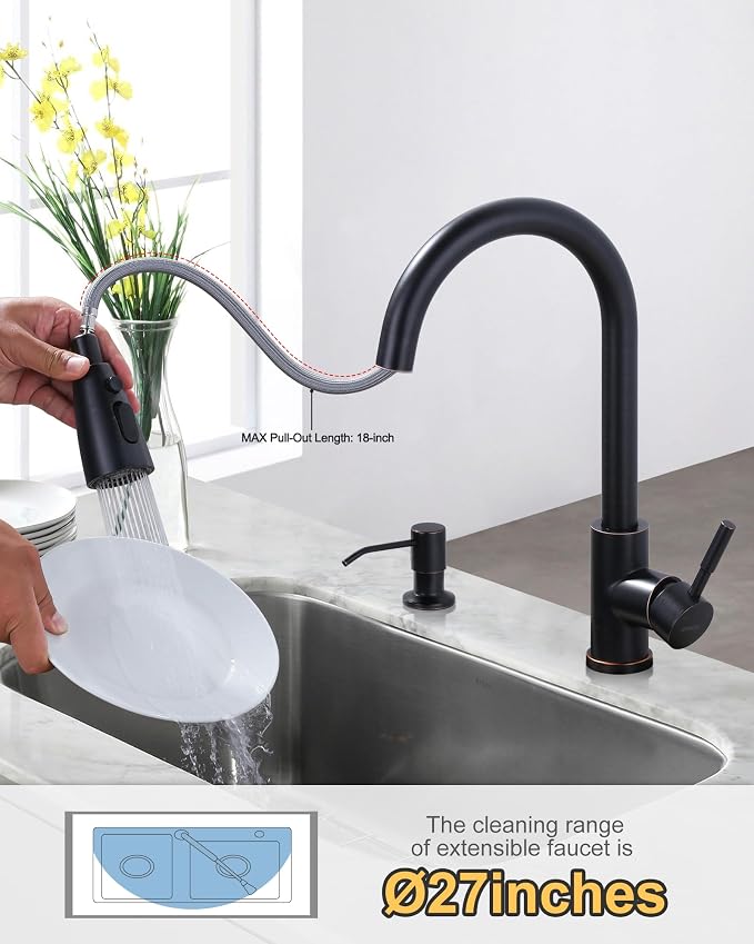 Oil-Rubbed Bronze Kitchen Faucet with Soap Dispenser, WOWOW Stainless Steel Kitchen Faucets for Sink, Pull Down Kitchen Faucet Single Handle High Arc Kitchen Sink Faucet with Deck-Plate
