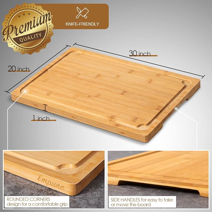 30 x 20 Extra Large Cutting Board, Turkey Carving Board Bamboo Meat Cutting Boards for Kitchen with Juice Groove and Handles Heavy Duty Charcuterie Board, 4XL, Empune