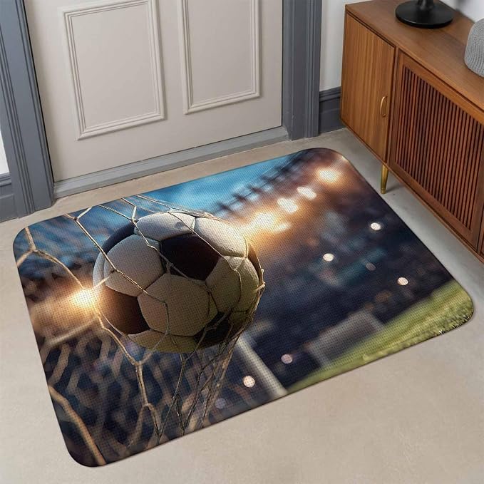 Front Door Mat, Football Sports Non Slip Door Mat Outside Entrance, Football Field Goal Net Soccer Low Profile Washable Welcome Mats Indoor Doormat for Kitchen Bathroom, 15.7" x 23.6"