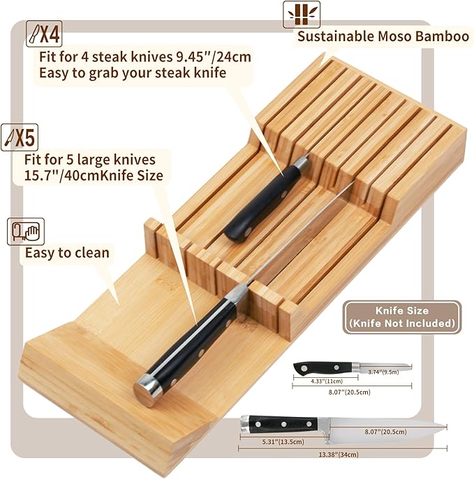 Utoplike Knife Drawer Organizer Bamboo Knives Block for Kitchen, Large Handle Steak Holder, Fit for 9 Knives (Not Included)