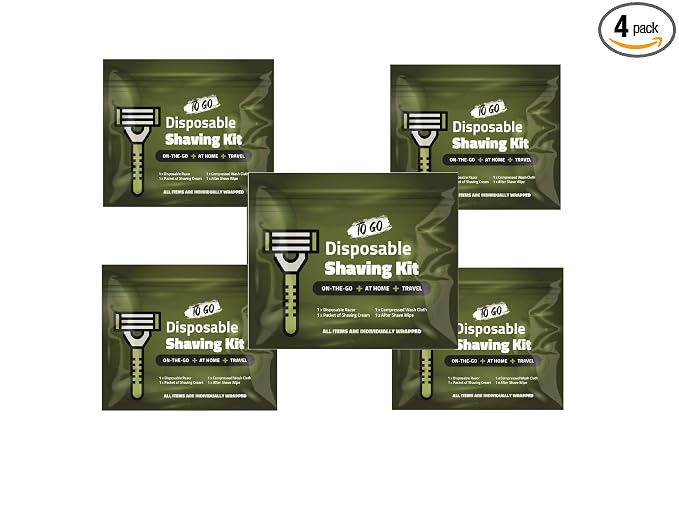 Travel Shaving Kit with Razor, Shaving Cream, Washcloth and Aftershave Wipe, Men's Disposable Grooming Pack (Green) (5)