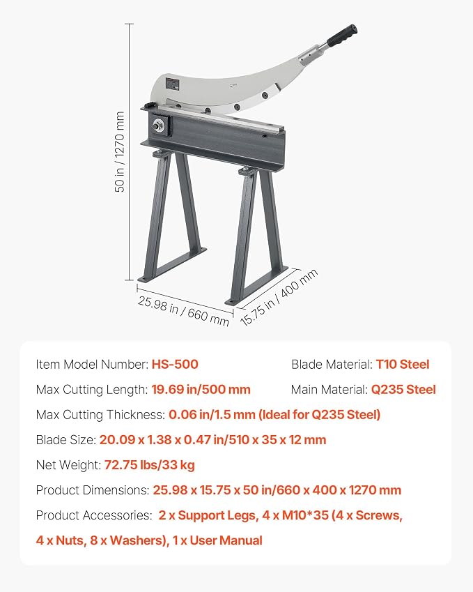 VEVOR Guillotine Shear, 20 in Bed Width Benchtop Cutter, Manual Hand Plate Shear for Metal Sheet Processing, with Q235 Material, High Precision, Stand, for PCB Board, Aluminum, Steel, Copper, Plastic
