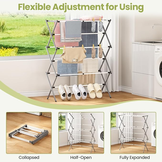 APEXCHASER 3-Tier Foldable Clothes Drying Rack, Metal Expandable Laundry Rack, 45.28" Height, Adjustable Width 24.76-35.51", Space Saving, Indoor Outdoor Use for Laundry, Towels, Shoes, Grey White