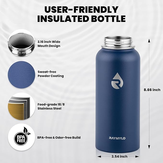 RAYMYLO Insulated Water Bottle 32 oz, Triple Wall Vacuum Stainless Steel (Cold for 24Hrs, Hot for 12Hrs), Leak Proof & Non-BPA, Modern Water Flask Jug with Paracord Handle & Straw Spout Lids