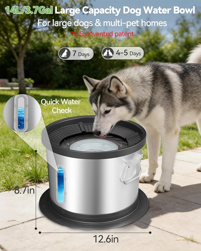 UPSKY 14L No Spill Dog Water Bowl, Spill Proof Slow Drinking for Large Dogs | Extra-large Capacity, 304 Stainless Steel, Dual-suction Anti-slip Base, Floating Disk, Water Window, For Messy Drinkers