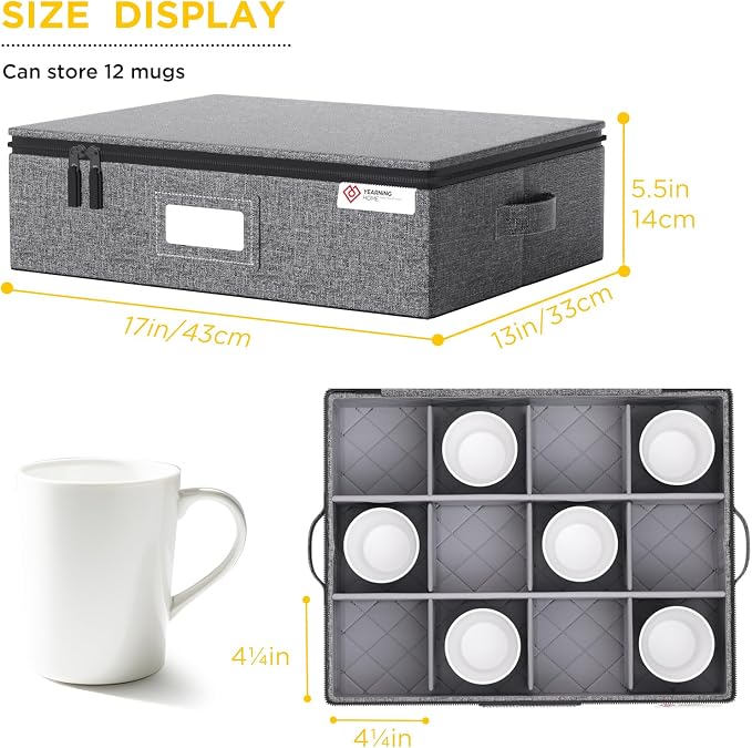 Cup and Mug Storage Box with Hard Shell and Dividers for Coffee Mugs,Tea Cups and Glasses,Stackable Storage Organizers with Lid,Handles,Zips and Label for Moving,Holds 12,2 Pack, Grey