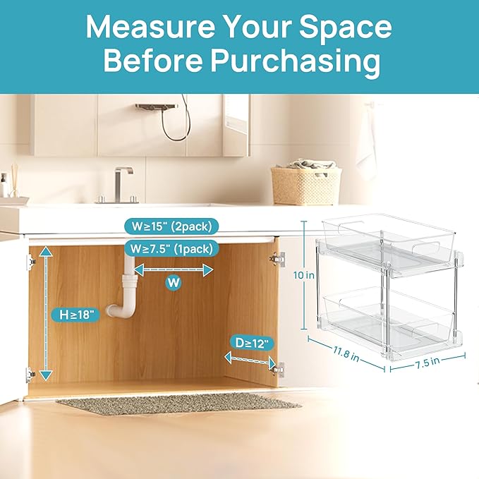 Vtopmart 6 Pack Bathroom Organizer, 2 Tier Clear Under Sink Organizers Vanity Countertop Storage Container,Cabinet Drawers Bins, Pull-Out Organization with Track for Pantry, Kitchen