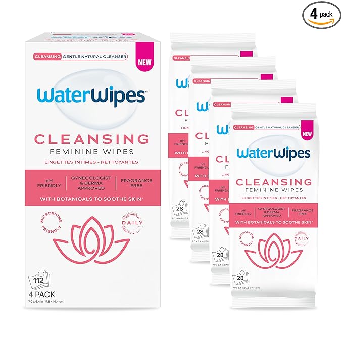 WaterWipes Cleansing Feminine Wipes, pH Friendly for Daily Intimate Care, Soothing Botanicals, Gynecologist Approved, Fragrance Free, 112 Count (4 Packs)