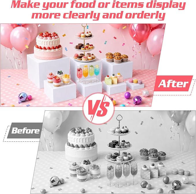[7 Pcs] White Buffet Risers Food Risers - Dessert Table Display Set and Food Cake Stands with Table Sign and Maker,Serving Tongs,Cake Cutter for Wedding Birthday Party Decoration(Size 9" 8" 7" 6" 5" 4" 3")