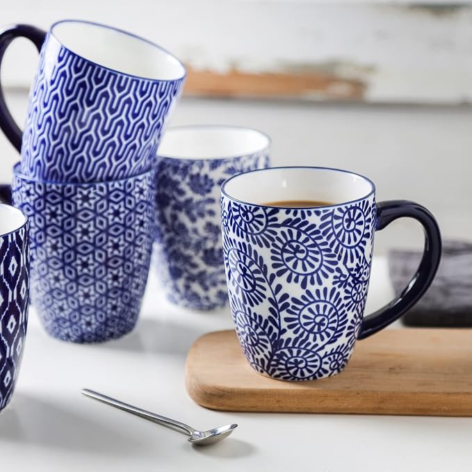Selamica Ceramic Coffee Mugs Set of 4 with Handle, 16 OZ Large Coffee Cups for Cappuccino, Tea, Mocha, Cocoa, Dishwasher Microwave Safe, Vintage Blue