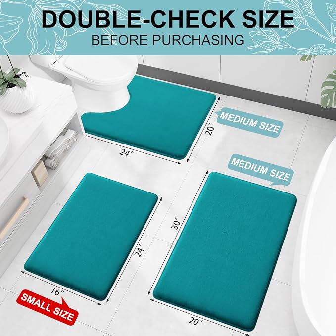 Smiry Memory Foam Bath Mat 30x20, Extra Soft and Absorbent Bathroom Mats, Non Slip Washable Carpet for Floor, Shower and Tub, Teal