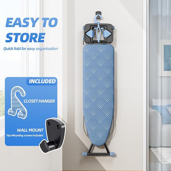 KINGBOARD Ironing Board, Compact Iron Board Full Size with Extra Thick Cover, 7 Adjustable Heights Stand with Hanger and Iron Rest, Large Heavy Duty Ironing Board with Storage Tray, 13x43 Blue