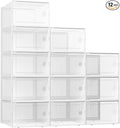 Kuject XX-Large Shoe Storage Boxes Organizers Clear Plastic Stackable 12 Pack, Shoe Rack & Holder Substitute, Sneaker Containers, Shoe Storage Organizer Bins for Closet, Under Bed,White(No Fold Line)