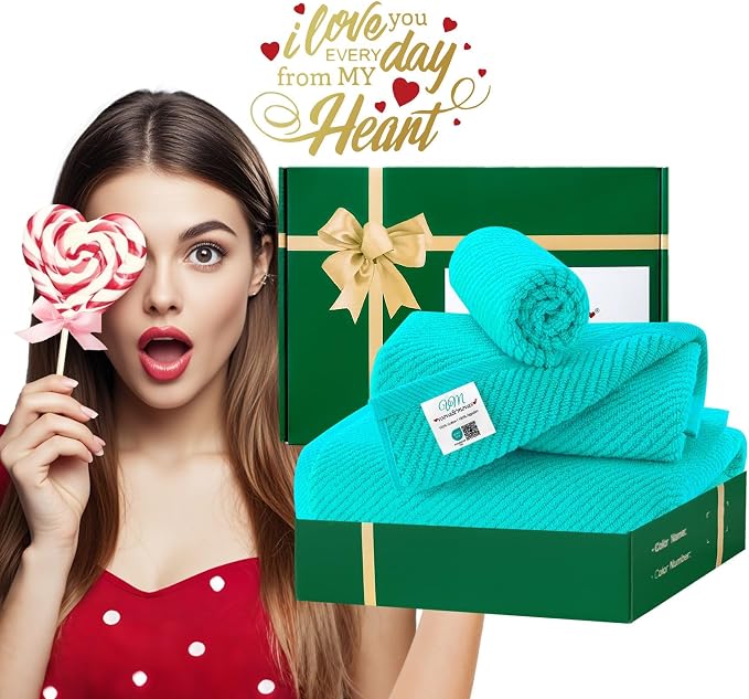 VOOVA & MOVAS 3PC Towel Set, 100% Cotton, Turquoise | 1 Large Bath 30x56 In,1 Soft Hand 18x28 In,1 Absorbent Washcloth 13x13 In, Quick Dry, Thick, With Hanging Loops