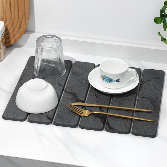 Small Stone Dish Drying Mat for Kitchen Counter, 2 PCS 16"×12" & 8"x4" Quick Dry Stone Mats, Foldable Water Absorbing Diatomaceous Earth Drying Dish Pad for Countertop Bottles Utensils Cups(Dark Gray)