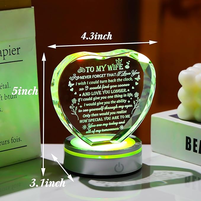 Gifts for Wife - Crystal Keepsakes Wife Gifts from Husband with Colorful LED Base Best Christmas Birthday Gifts for Wife Romantic Anniversary Wedding Gifts to My Wife Valentine Mother's Day Gift Ideas