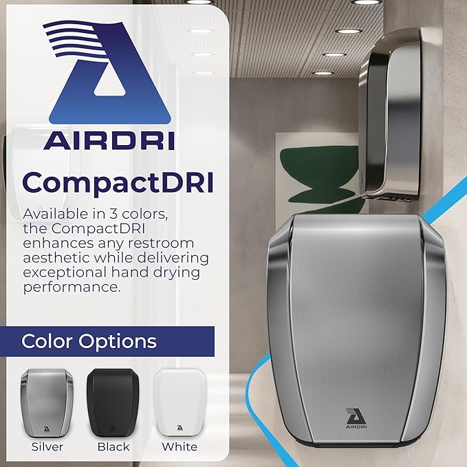CompactDRI Automatic Hand Dryer - 1.0kW Low Noise Motor - 15-Second Dry Time - 70dBa Noise Output - ADA Compliant - Ideal for Commercial Spaces and Public Facilities - Stainless Steel