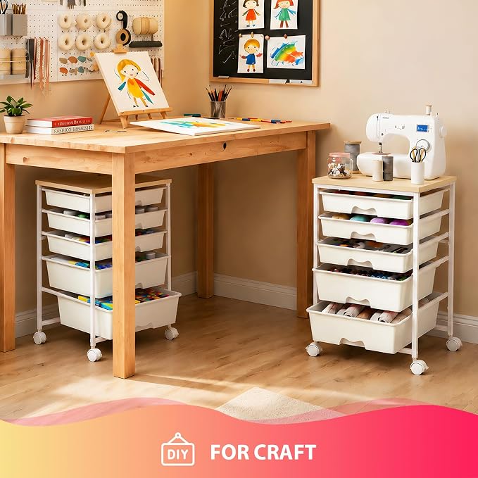 Goovilla Rolling Cart with 5 Drawers for Craft, Art, Dorm, Office, White | Utility Cart Organizer With 5 Removable Drawers and Wooden Tabletop, Lockable Rolling Storage Organizer for Classroom, Home