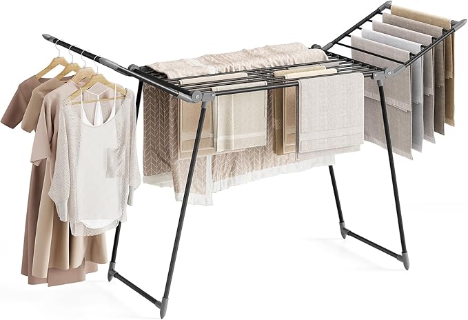 APEXCHASER Clothes Drying Rack Foldable, Large Drying Rack Clothing, Winged Laundry Rack Folding Indoor Outdoor, Metal Clothes Airer for Bedding Towel Sweater Heavy Duty, 68.9" X 22" X 41.3", Black