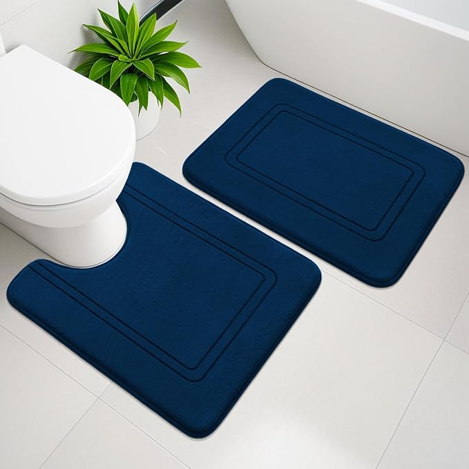 YIHOUSE Memory Foam Bath Mat Set, Bathroom Rugs Sets 2 Pieces, Non Slip Bath Mats for Bathroom, Super Soft and Water Absorbent Bath Rug Set, Machine Washable U Shape Toilet Rug,Dark Blue