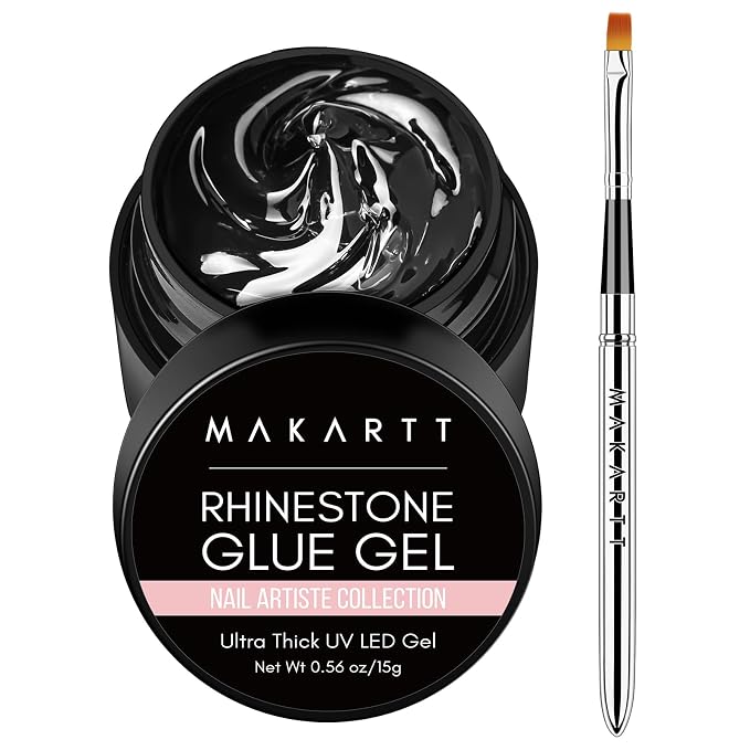 Makartt Nail Rhinestone Glue with Brush Kit High Viscosity Nail Charms Gel | 30-Day Strong Hold Extra Thick Support Gel 15ML for Gem, 5mm+ Crystals, Stones, 3D Nail Decor, UV/LED Cured, DIY Salon Use
