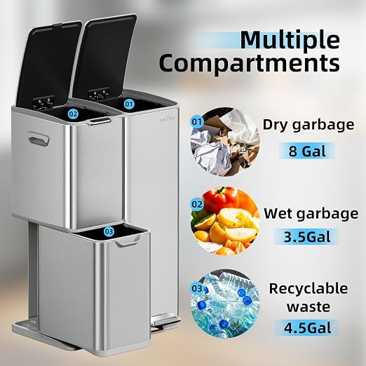 mVm 16 Gal Kitchen Trash Can, 3 Compartment Garbage Can, Heavy Duty Anti Fingerprint Brushed Recycling Bin for Office Home（Tin）