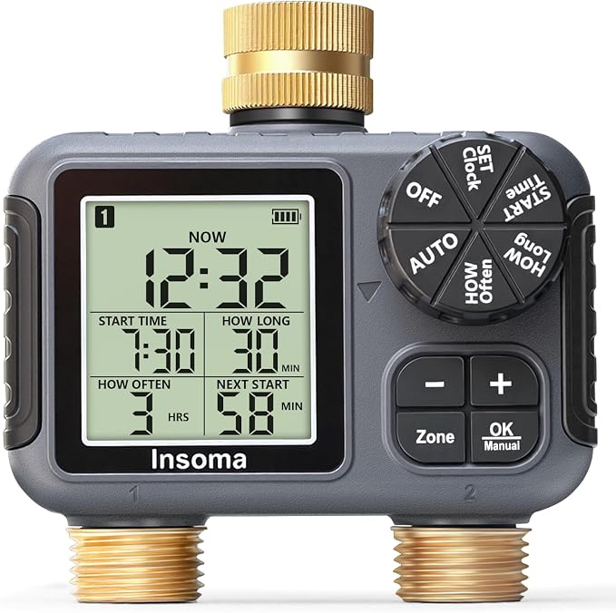 Insoma 2-Zone Sprinkler Timer Brass Inlet/Outlet, Water Hose Timer with Auto/Manual Modes + Rain Delay | Big LCD Dispay | Hose Timers for Garden, Yard Lawn, IPX5 Waterproof & Save Water