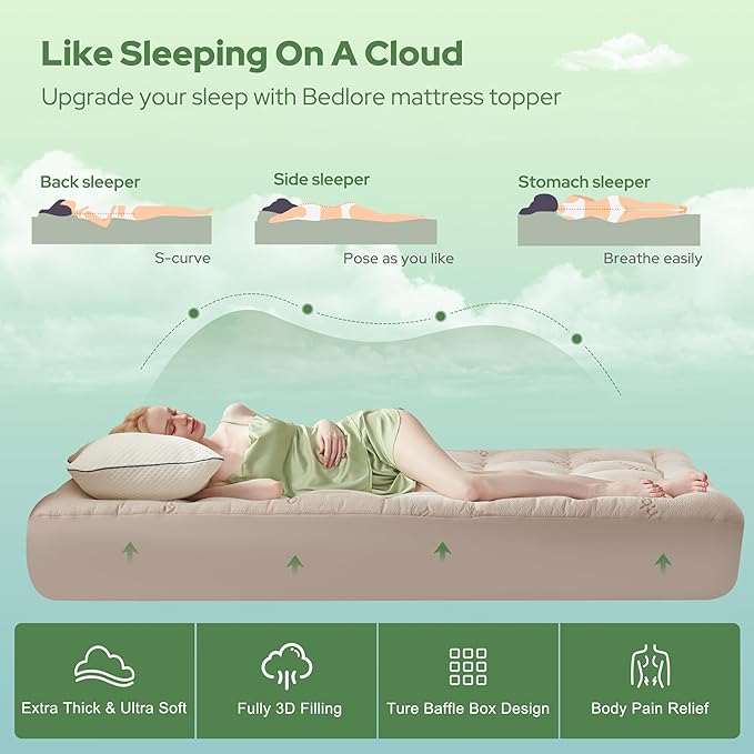 BEDLORE Queen Mattress Topper Viscose Derived from Bamboo, Thick Pillow Top Mattress Pad with Stretchable Pockets for 6-18 inches Mattress, Soft Mattress Topper for Back Pain Relief(Beige)
