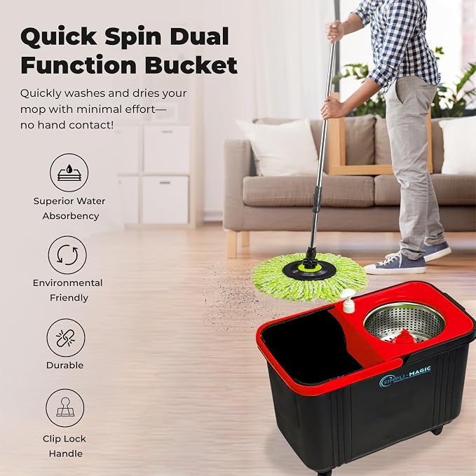 Simpli-Magic 360° Spin Mop and Bucket with Wringer – 3 High-Absorbent Microfiber Washable Heads, Soap Dispenser – Spinning Mop and Bucket Set for All Types Floor Cleaning