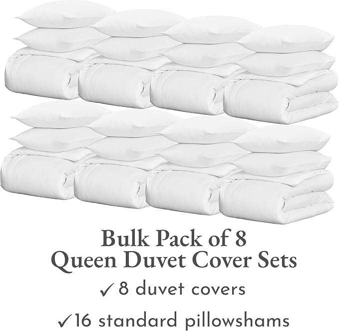 California Design Den Bulk Pack of 8 Queen Duvet Cover Sets - 400 Thread Count 100% Cotton Sateen, Case Includes 8 Duvet Covers and 16 Pillow Shams (White)