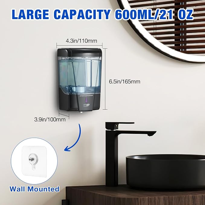4 Pack Automatic Soap Dispenser Touchless,600 ml / 20 oz Commercial Hand Soap Dispenser,Wall Mount Hand sanitizer Dispenser for Bathroom Offices Home Kitchen Hotel（Black）