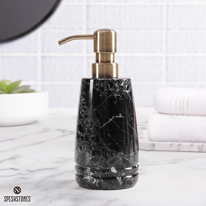Marble Soap Dispenser 7.5'' Black Dish Soap Dispenser with Stainless Steel Pump, Refillable Liquid Hand Soap Dispenser with 8.5 Oz Capacity for Kitchen Sink and Bathroom Countertop