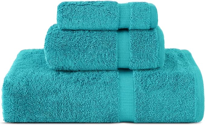 Chakir Turkish Linens Personalized 3 Piece Towel Set, 100% Cotton Luxury Turkish Towels for Bathroom, Soft Absorbent Towel Set with Bath Towel Hand Towel and Washcloth, Aqua