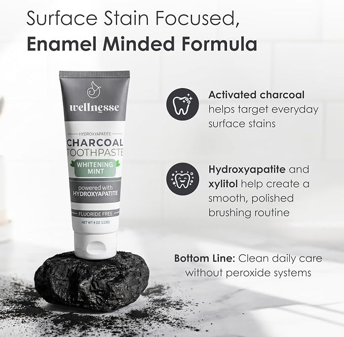 Hydroxyapatite Toothpaste, Charcoal, Whitening, Fluoride Free, Mint, 4 Oz | Wellnesse Activated Charcoal and Xylitol Formula, Adults, SLS Free, Remineralizing Enamel Care for Sensitive Teeth, Oral Care