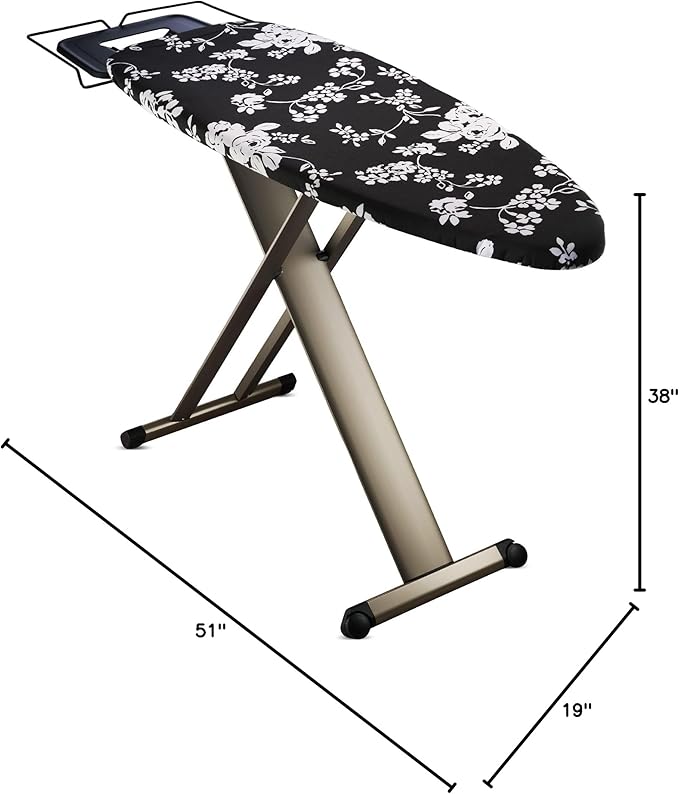 Bartnelli Pro Luxury Ironing Board - Extra Wide 51x19” with Heavy Duty Steam Iron Rest, and Wheels for Easy Storage, Adjustable Height, T-Leg, Foldable, European Made