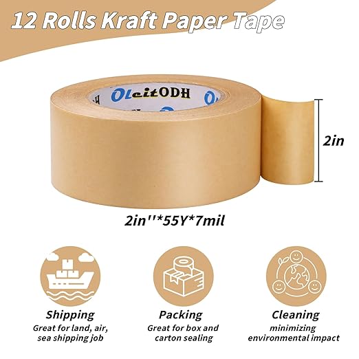 Oleitodh 12 Pack Brown Paper Packing Tape, Kraft Paper Tape Bulk 2" x 55 Yardx 7 mil Gummed Tape for Marking, Sealing Box, Masking, Shipping, Strong Adhesive Easy-to-Tear Waterproof Tape