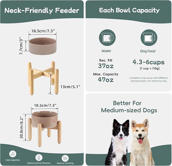 Havniva Elevated Dog Bowls Ceramic Dog Bowls with Stand, Dog Food Bowl | 7.3” Raised Dog Bowls with Non-Slip Wood Stand, Dog Food and Water Bowl Set, Dog Feeding Bowls for Medium Dogs