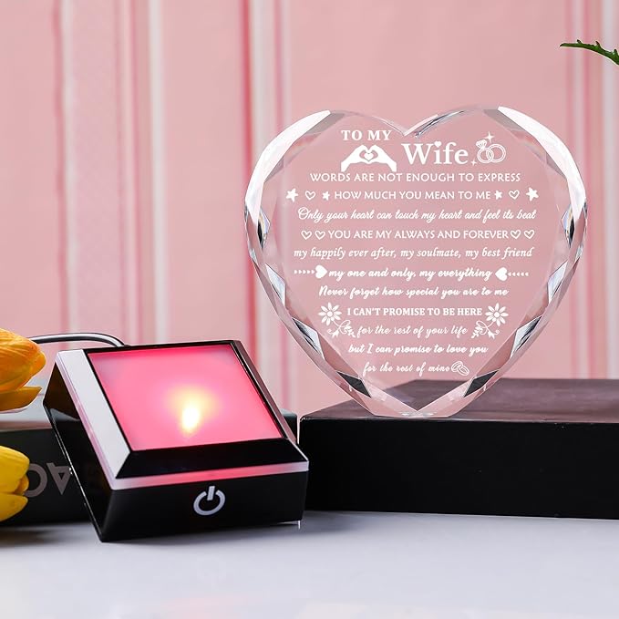 Arikyrist Romantic Wife Gifts from Husband with Colorful LED Base Anniversary Birthday Gift for Wife Crystal Keepsake I Love You Gifts for Her on Mothers Day Valentine Christmas