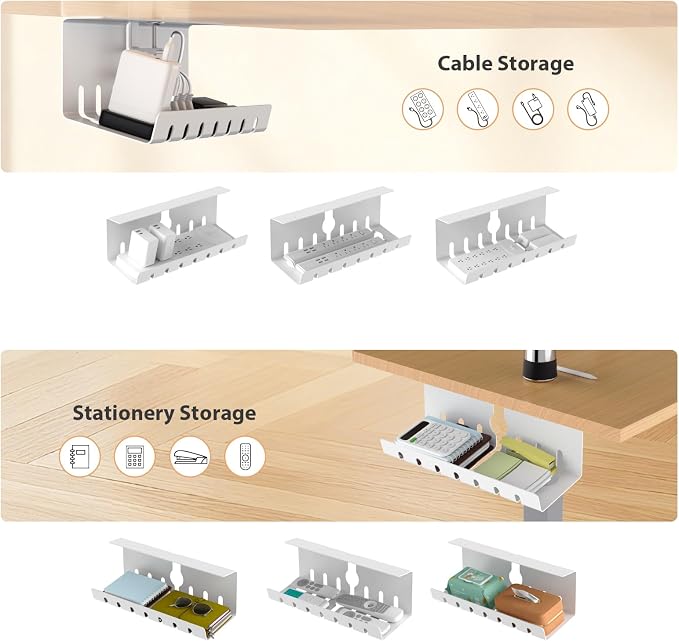 Syeeiex Under Desk Cable Management Tray, 34" Total Length (17"×2 Set), No-Drill C-Clamp & Screw Mount, Heavy Duty Metal Cord Organizer with 10 PCS Cable Ties, for Office Home Workspace, White, 2-Pack