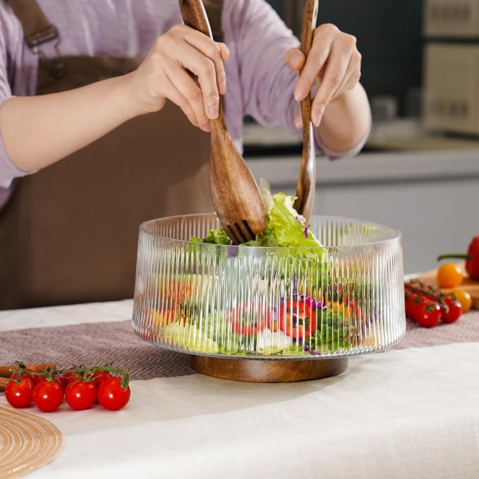NiHome Glass Salad Bowl, Large Serving Bowl, Acacia Wood | Separate-Piece Ribbed Design for Easy Dishwasher Cleaning, Versatile for Pasta, wine & Snacks at Gatherings