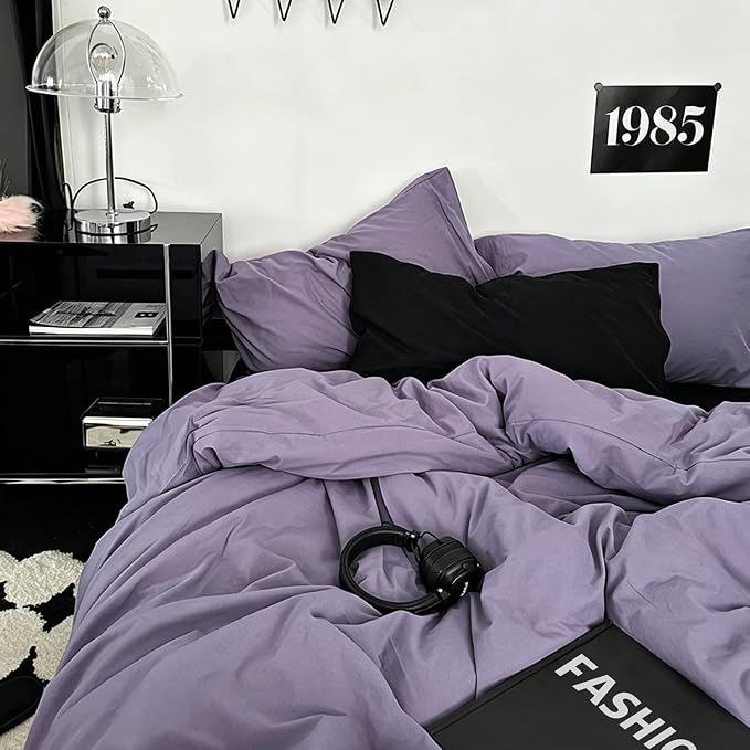 mixinni Solid Purple Duvet Cover Set Queen Size - 100% Washed Cotton 3-Piece Minimalist Bedding Set, Ultra Soft Breathable Solid Color Purple Comforter Cover with Zipper & Corner Ties, King Size