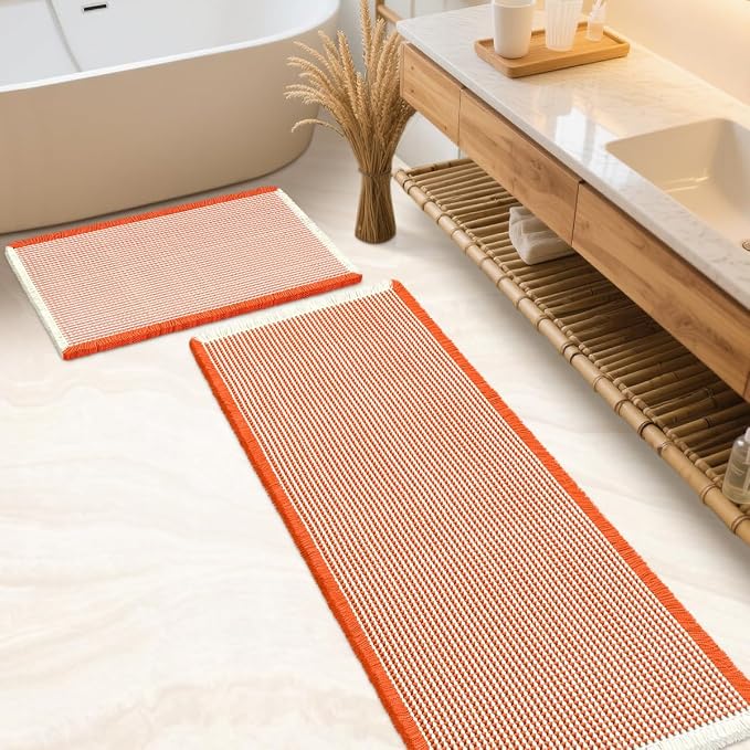 IM HOME Waffle Bath Mat Set 2 Piece Orange & Cream,Woven Modern Bath Rug Mats, Absorbent Non Slip Bath Floor Mat, Soft Washable Boho Bath Rugs with Tassels for Bathroom, Bedroom, Kitchen,Tub