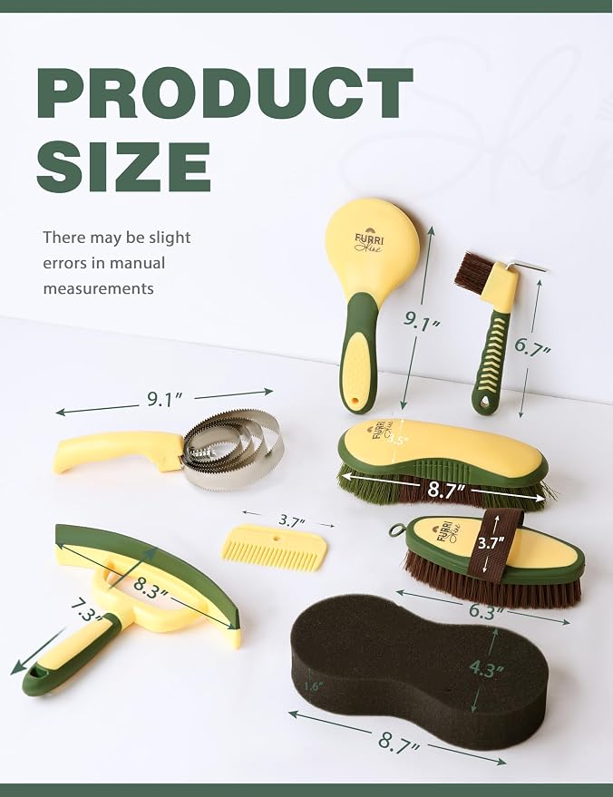Horse Grooming Kit, 9 Piece Grooming Brush Set with Silicone Curry Comb for Bathing & Shedding Pasture Glow