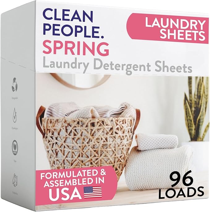 The Clean People Laundry Detergent Sheets - Laundry Soap - Ultra Concentrated, Recyclable Packaging, Stain Fighting - Spring Scent, 96 Pack