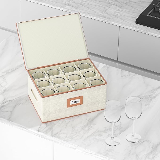 2-Pack Wine Glass Storage Box with Dividers, Hard Shell Stemware Storage | Holds 24 Crystal Glasses, Drinkware, Quilted, Dual Zippers, Reinforced Handles, Stackable, Moving and Seasonal Storage, Ivory